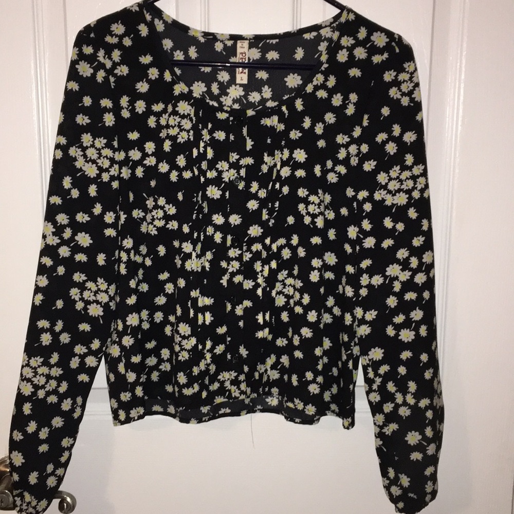 Black button down sheer blouse with white flowers